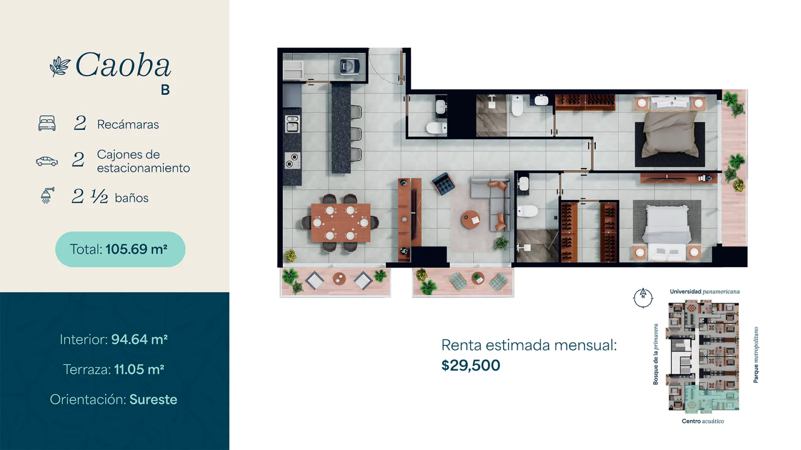 Planta arquitectónica departamento B · modelo Caoba de 105.69 m² con 2 recámaras y 2½ baños en ANARAMA Velt, Ciudad Granja Zapopan