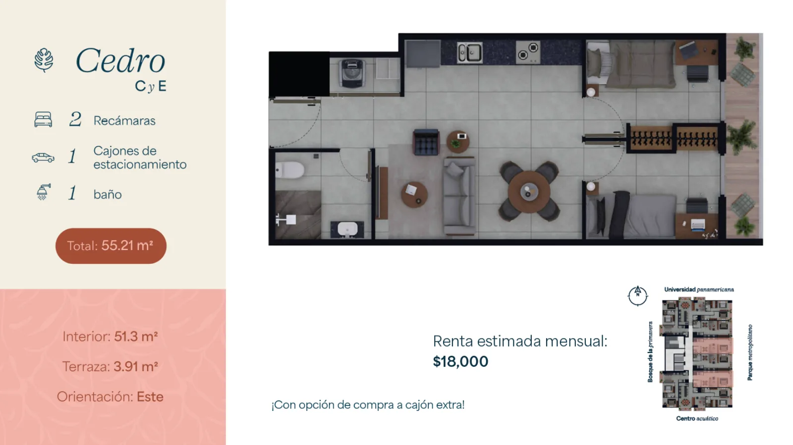 Planta arquitectónica departamentos C y E · modelo Cedro de 55.21 m² con 2 recámaras en ANARAMA Velt, Ciudad Granja Zapopan