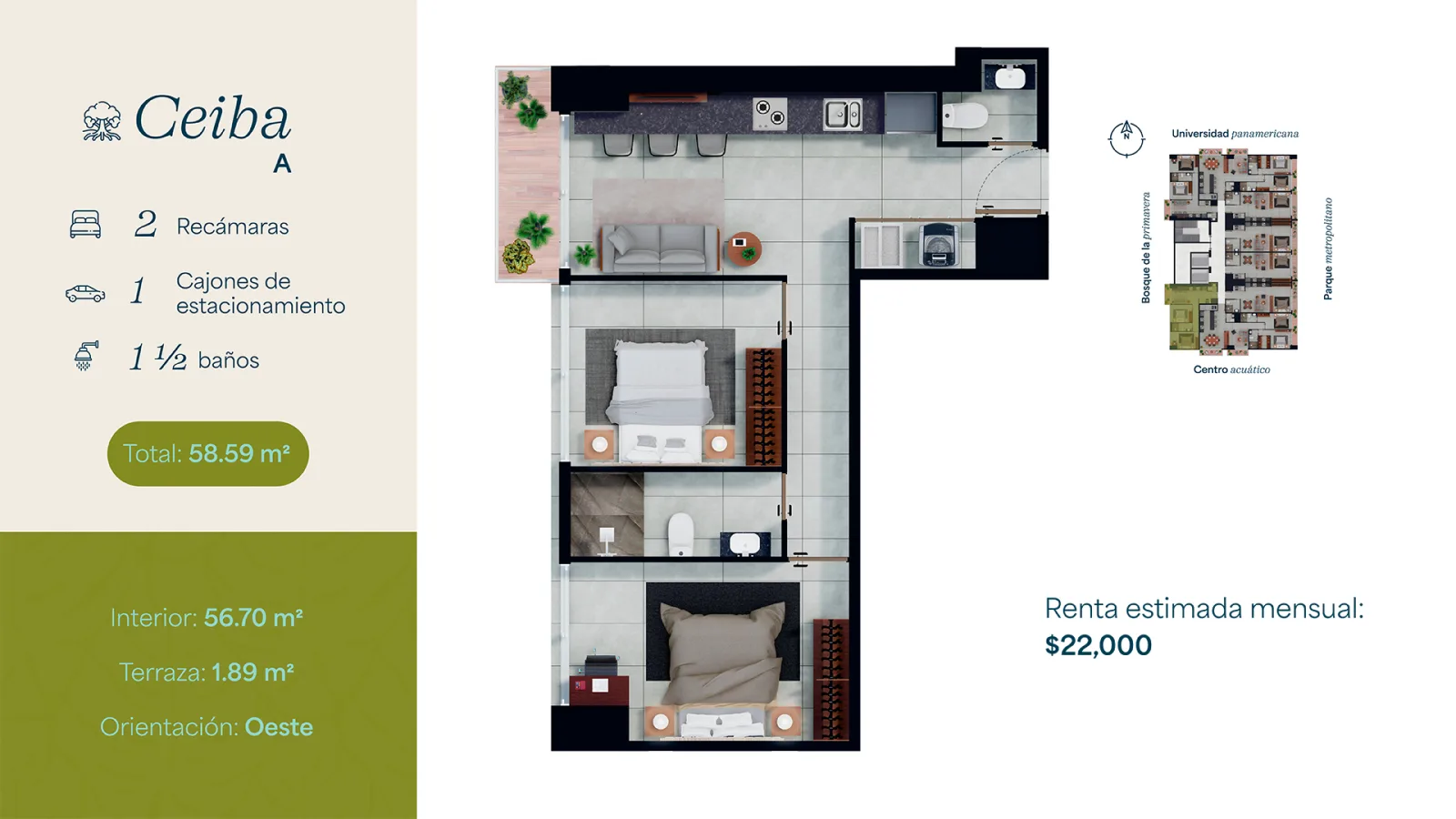 Planta arquitectónica departamento A · modelo Ceiba de 58.59 m² con 2 recámaras y 1½ baños en ANARAMA Velt, Ciudad Granja Zapopan
