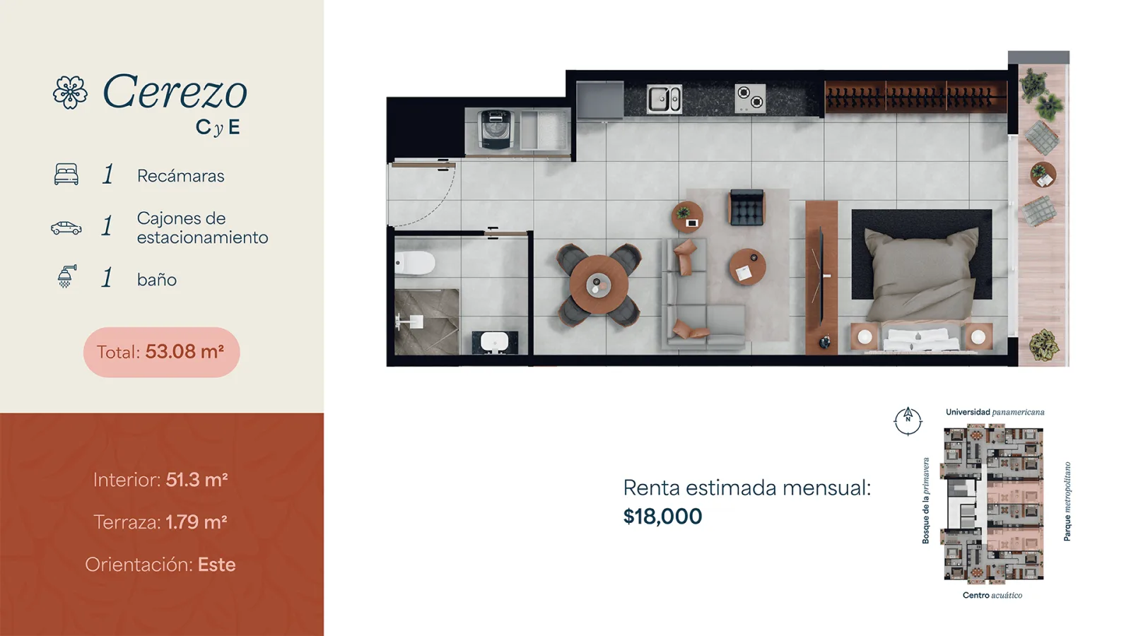 Planta arquitectónica departamentos C y E · modelo Cerezo de 53.08 m² con 1 recámara en ANARAMA Velt, Ciudad Granja Zapopan